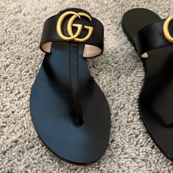 Black Gucci Flat Marmont Leather Thong Sandals Size 37 - Picture 4 of 13